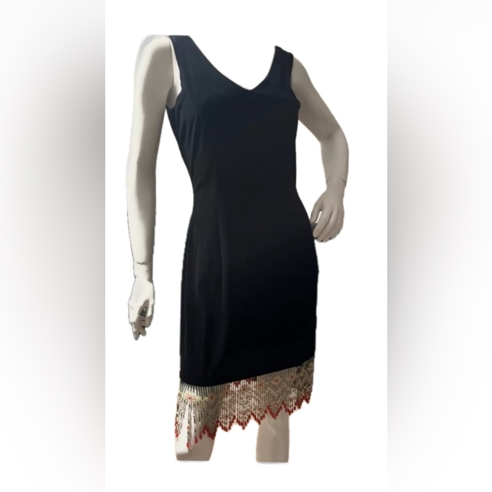 Black velvet strapless elegant Midi Dress designer Beaded Hem like new size 8